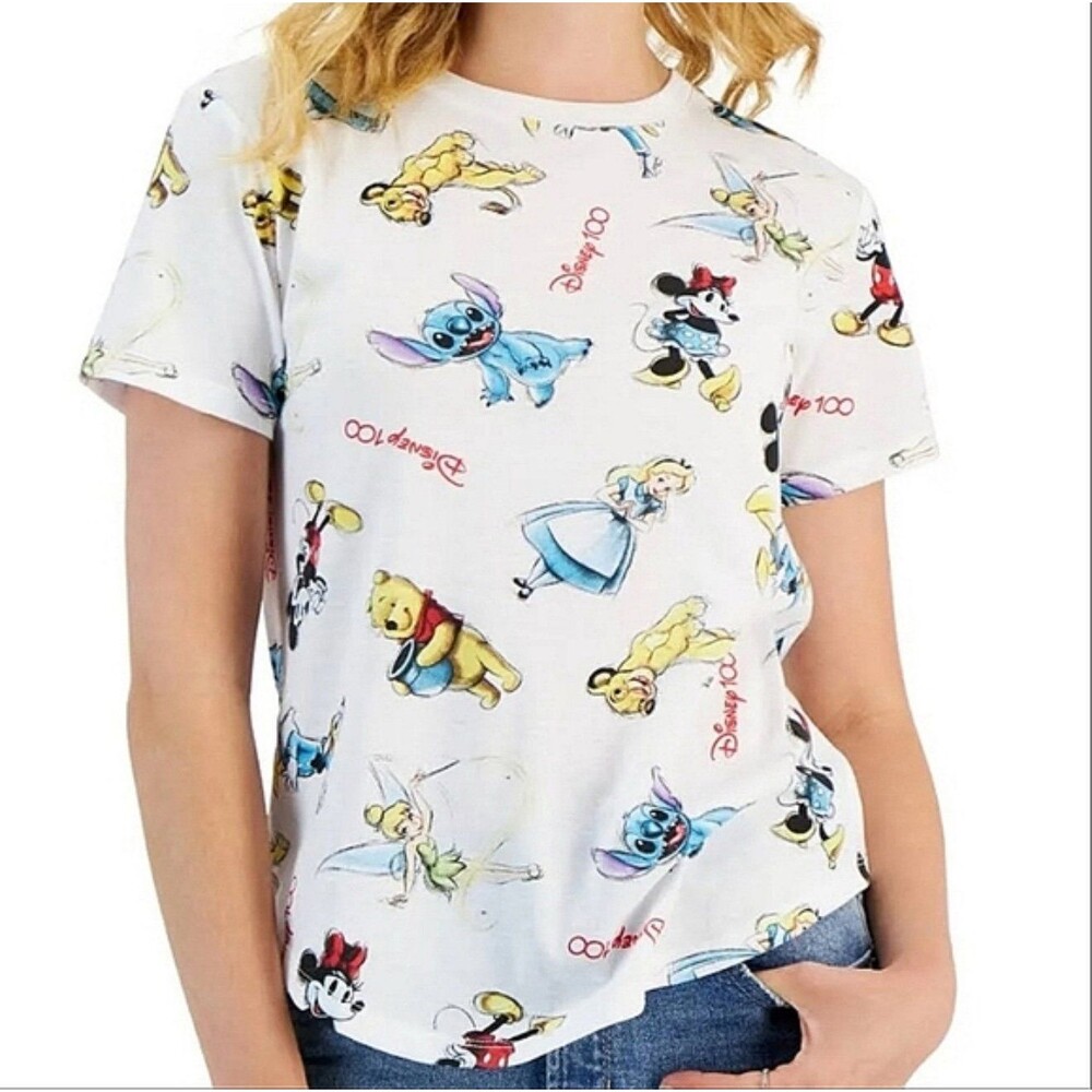 Disney 100 T-Shirt Mickey Minnie Alice Simba Stitch Donald Tinkerbell Youth XL